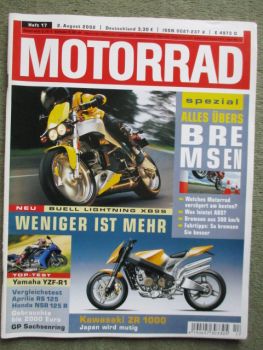 Motorrad 17/2002 Buell Lightning XB9S,Yamaha YZF-R1,Vergleich Aprilia RS125 vs.Honda NSR 125R,Kawasaki ZR1000