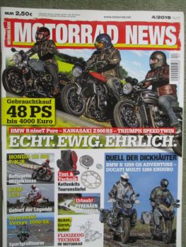 Motorrad News 4/2019 Honda CB500X +F +R,Ducati Multistrada 950,Kawasaki Versys 1000SE,BMW R nineT Pure vs. Kawasaki Z900RS vs. Triumph Speed Twin,