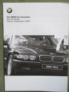 BMW 728i-740i 750i L 730d 740d E38 Limousine Preisliste 9/2000+Highline