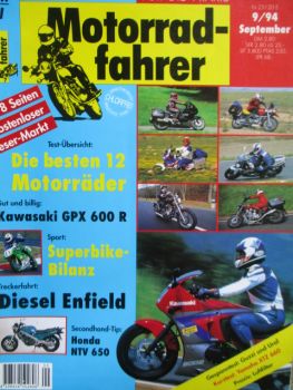 Motorradfahrer 9/1994 Kawasaki GPX 600R, Diesel Enfield,Honda NTV 650