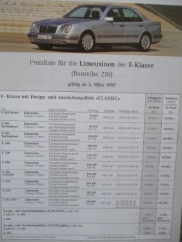 Mercedes Benz E-Klasse Limousinen W210 E220D E290TD E300TD E200-E50AMG Peisliste 3.März 1997