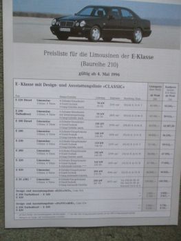 Mercedes Benz E-Klasse Limousine W210 E220D E290TD E300D E200-E50 AMG 4.Mai 1996 Preisliste