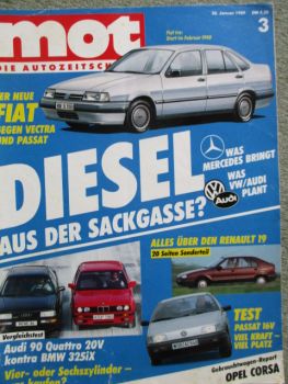 mot 3/1989 Vergleichstest Audi 90 quattro 20V vs. BMW 325iX E30, Sonderteil Renault 19,VW Passat 16V,