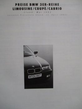 BMW 3er Reihe E36 Preisliste Limousine Coupe Cabrio Mai 1993