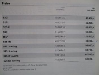 BMW 520i 525i iX 535i M5 525tds E34 +Touring Preisliste Oktober 1991