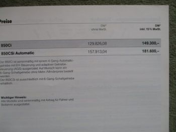 BMW 850i 850CSi Preisliste Januar 1993