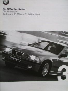 BMW 3er-Reihe E36 compact touring Coupé Cabrio +Editionen Zeitraum 2.März bis 31. März 1998 Preisliste