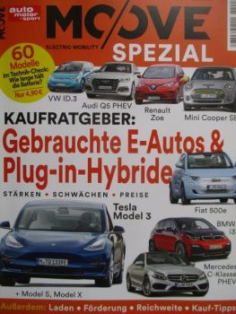 auto motor & sport moove Spezial Kaufratgeber 2/2022 Tesla Model S,X, BMW i3,Mini Cooper SE,Zoe,Q5 PHEV,VW ID.3