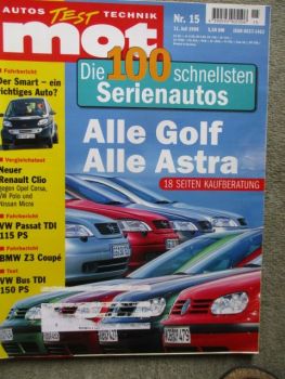 mot 15/1998 Golf IV vs. Astra G,MCC smart Pulse,Vergleichstest Renault Clio 1.2RT vs. Micra 1.0 Motion vs. Polo 1.0