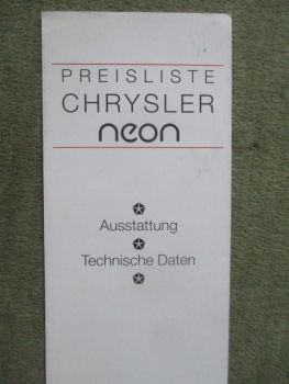 Chrysler Neon Ausstattung Technische Daten Preisliste April 1995