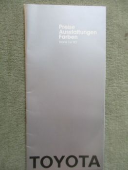 Toyota Preise Austattungen und Farben Juli 1980