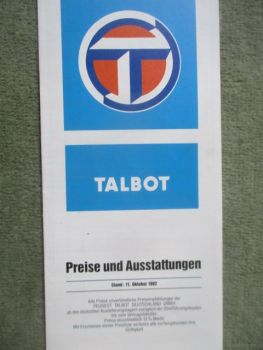 Talbot Preise und Ausstattungen Oktober 1982