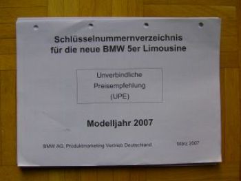 BMW Schlüsselnummern-Verzeichnis 2007 5er E60 Limousine