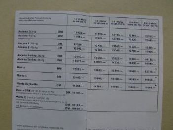 Opel Preise Ascona Manta Juni 1978 Rarität