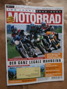 Motorrad 13/2003 Vergleichstest Ducati Monster S4R vs. Kawasaki Z1000 vs. Triumph Speed Triple,Honda Hornet 600,