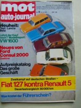 mot 8/1973 Lancia Beta, VW 1600, Ford Consul 2000,Fiat 127 vs. R