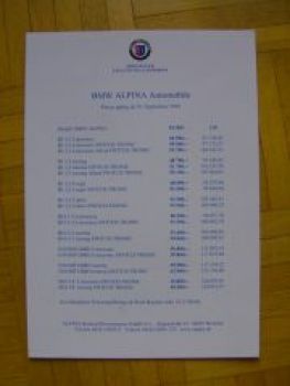 Alpina Preisliste 10.September 2001 B3 E46 B10 E39 D10