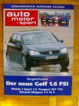 AMS 23/2003 VW Golf5 1.6FSi vs.Mazda3 sport 1.6, Peugeot 307 110