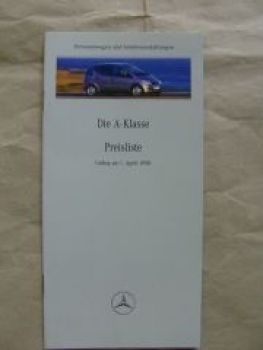 Mercedes Benz Preisliste A-Klasse BR168 1.April 1998 NEU