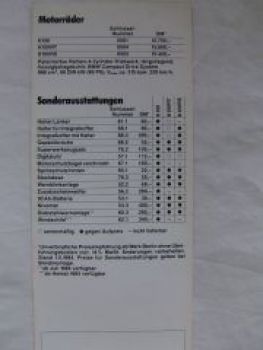 BMW Preisliste Motorrad K-Modelle 1.5.1984 K100 RT RS