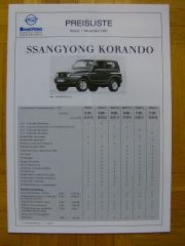 SsangYong Korando Preisliste 11/1997 NEU