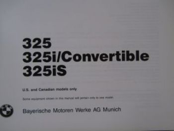 BMW 325 325i/Convertible 325iS E30 USA +Kanada Owners Handbook