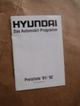 Hyundai Preisliste "91/"92 Alle Modelle