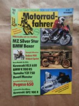 Motorradfahrer 11/1992 MZ Silver Star,BMW Boxer,Kawasaki KLX 650