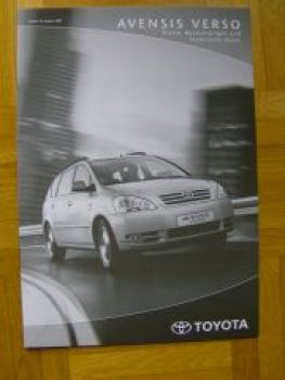 Toyota Avensis Verso Prospekt 8/2001+Preise NEU