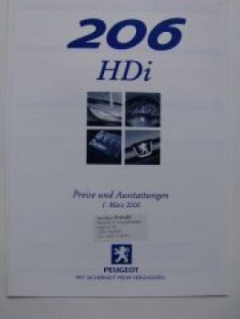 Peugeot 206 HDi Style, XS Preisliste März 2000