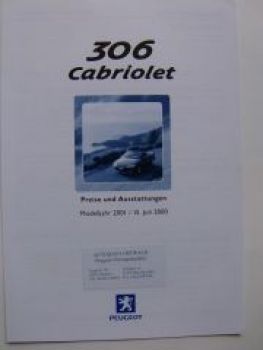 Peugeot 306 Cabriolet Preisliste 7/2000 NEU