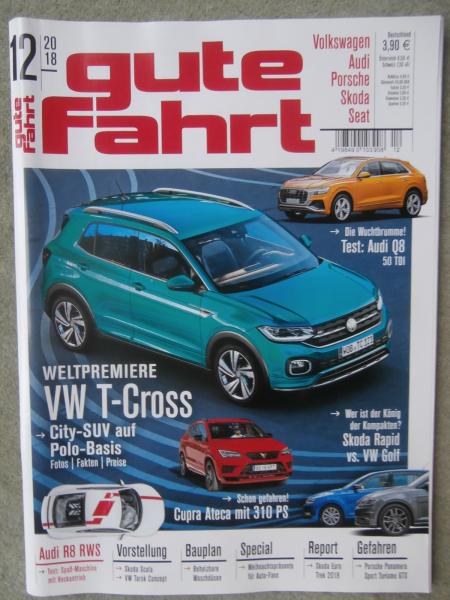 gute fahrt 12/2018 Audi Q8 50TDI,Rapid vs. VW Golf7,Panamera Sport Turismo GTS,Skoda Scala,VW Tarok Concept,Audi R8