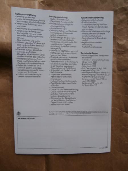 VW Käfer Jubiläums Modell Prospekt 1985 NEU Rarität