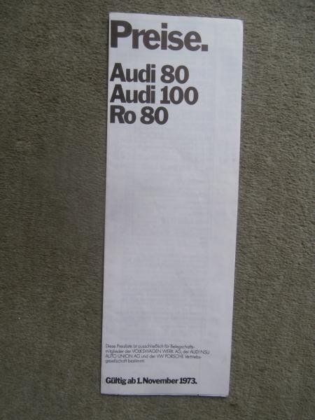 Audi 80 100 +Ro80 Preisliste 1. November 1973 für Werksangehörige