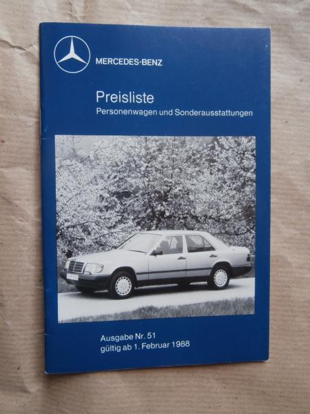 Mercedes Benz Preisliste 1.Februar 1988 190D-190E 2.3-16 W201, 200d-300E 4Matic +T W124,250d,230E/260E