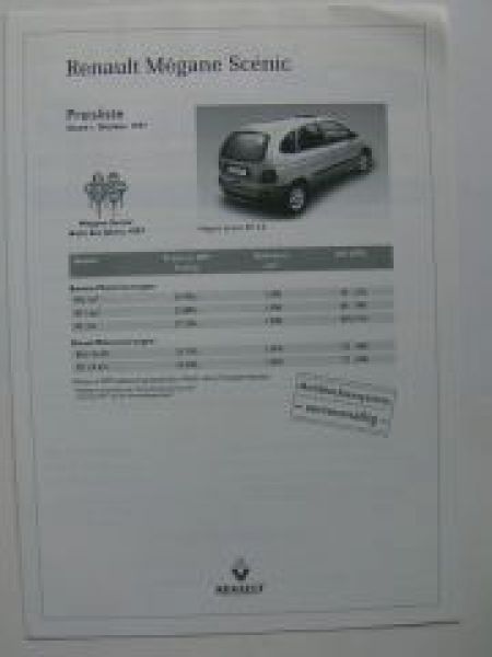 Renault Megane Scenic Preisliste 1. Oktober 1997 NEU