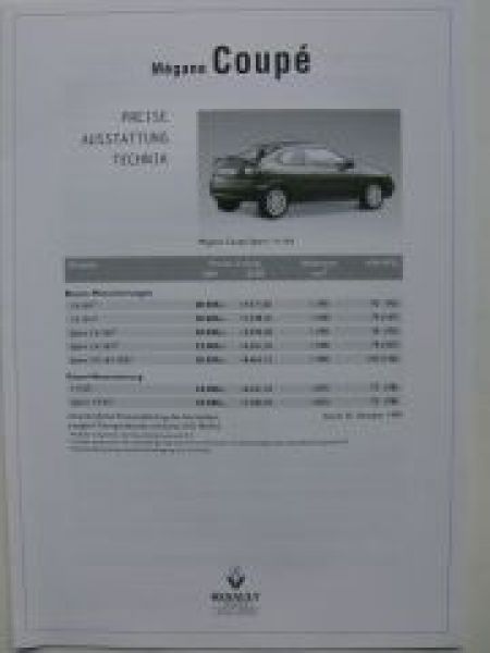 Renault Megane Coupe Preisliste 25.10.1999 NEU