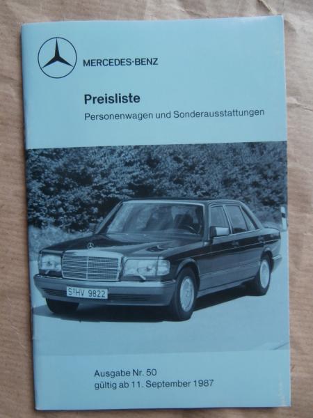 Mercedes Benz Preisliste 11.September 1987 190D-190E 2.3-16 W201, 200d-300E 4Matic,200TD-300TE 4Matic +250d,230E,260E