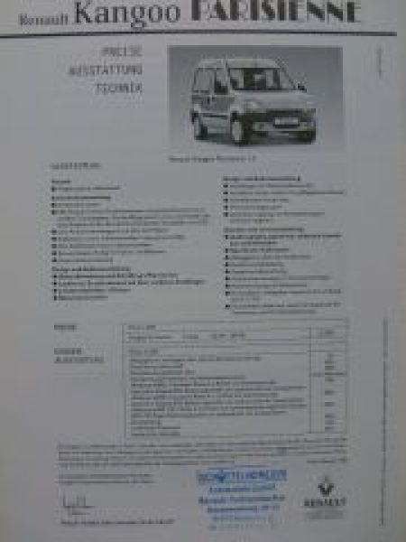 Renault Kangoo Parisienne +Preisliste 4/1998 NEU
