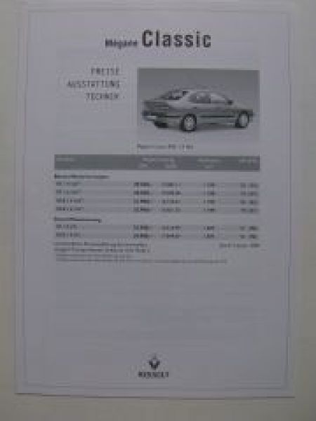 Renault Megane Classic Preisliste 3.1.2000 NEU