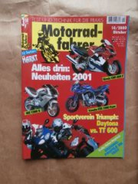 Motorradfahrer 10/2000 Neuheiten 2001,Hodna CBR 600F, MZ 1000S, Yamaha FZS 1000 Fazer,