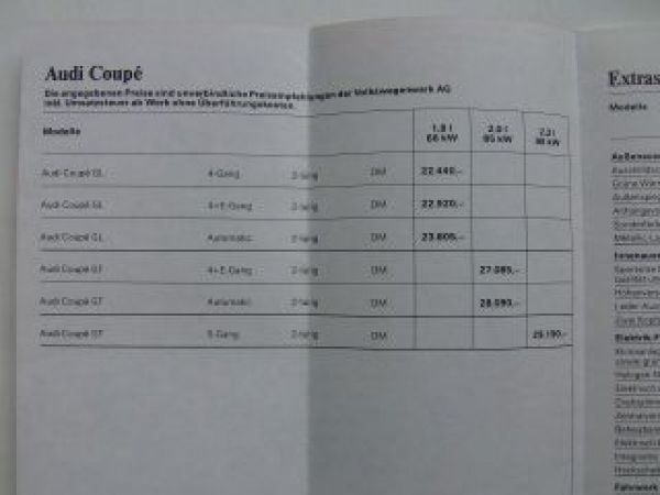 Audi Preisliste Coupe Typ81 Typ85 12.September 1983