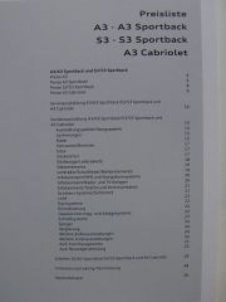 Audi Preisliste A3 +Sportback +S3 +A3 Cabrio August 2009 NEU
