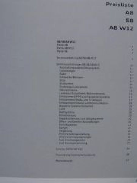 Audi Preisliste A8 S8 A8 W12 August 2009 NEU