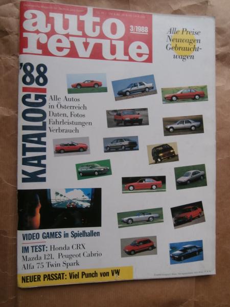 auto revue 3/1988 Honda CRX, Mazda 121, Peugeot Cabrio,Alfa 75 Twin Spark, Saab 900CD,VW Passat,