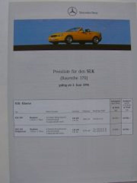 Mercedes Benz Preisliste SLK R170 200 230 Kompressor 6/1996