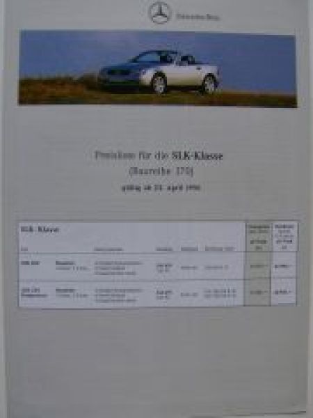 Mercedes Benz Preisliste SLK R170 200 230 Kompressor 4/1996