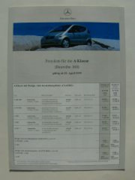 Mercedes Benz Preisliste A-Klasse BR168 April 1999