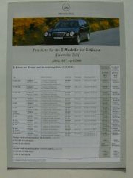 Mercedes Benz Preisliste E-Klasse T Modelle BR210 April 2000