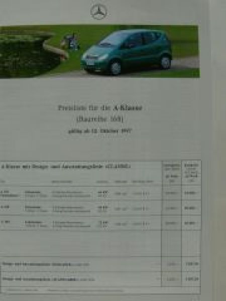 Mercedes Benz Preisliste A-Klasse BR168 Oktober 1997